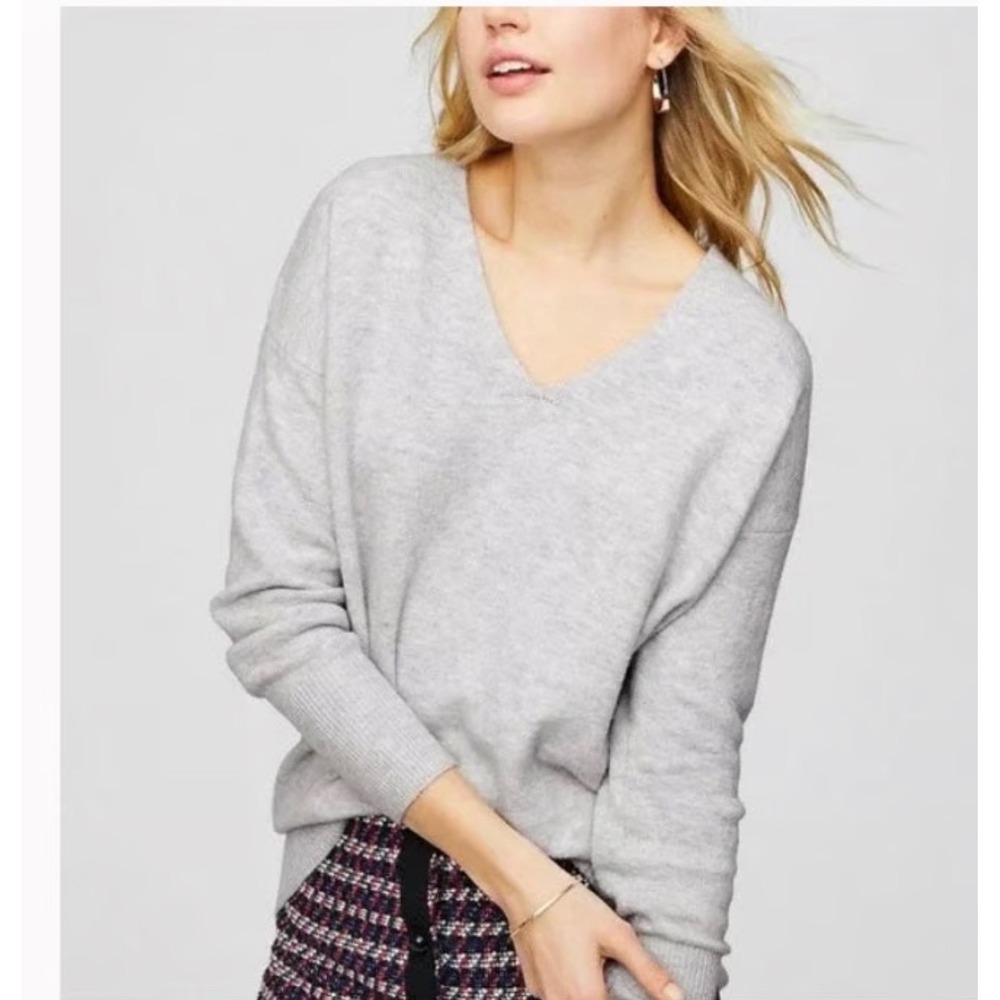 Loft Womens Gray V-Neck Raglan Sleeve Knit Sweater XL 601910 Heathered